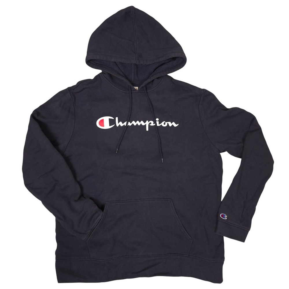Champion‎ Mens Navy Blue Pullover Hoodie Script Logo Fleece Large